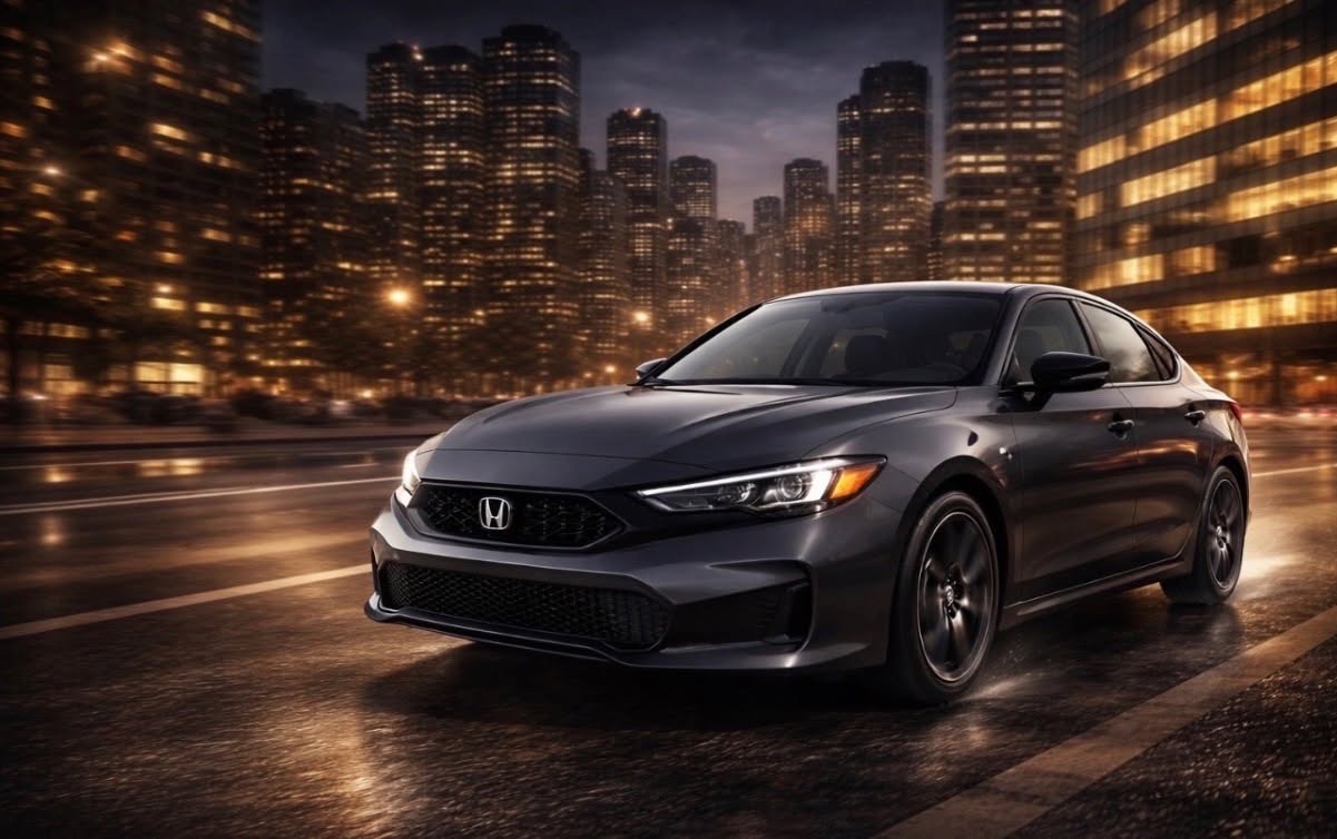 2026 Honda Civic Sedan on a Dallas street at night with city lights behind